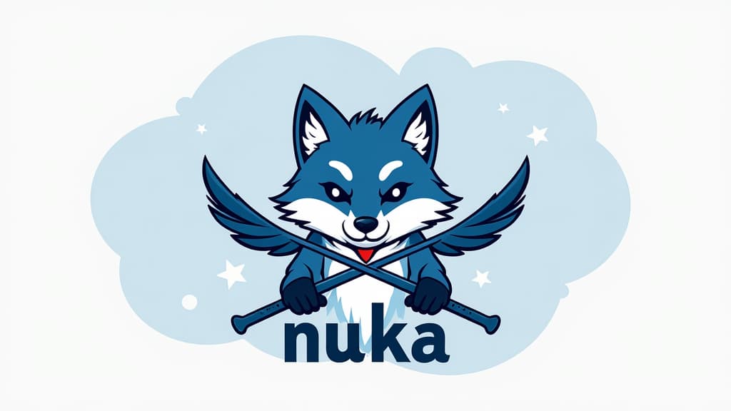  design a logo, un renard bleu et blanc avec des armes , with the text 'nuka'.