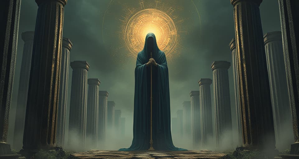  pillar of calm, midst unraveling facades, poised stance, tranquility, strength. an illustration in the style of a worn, mystical old tarot trump card, mysterious and elements of surrealism. the colors are muted, somber and eerie, but with contrast bring out an occult and esoteric vibe.