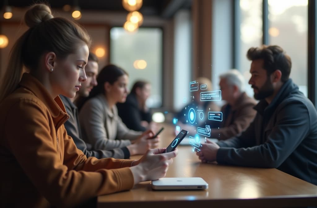  "create a futuristic scene featuring a sleek, modern smartphone displaying an intelligent chat interface. the setting is a cozy café with a minimalist design, where a diverse group of people are engaged in deep conversations, some looking at their phones with expressions of curiosity and engagement. include subtle elements like holographic chat bubbles and glowing digital icons above the phone, hinting at advanced ai technology. soft, natural lighting filters through large windows, casting gentle shadows and creating an inviting atmosphere." hyperrealistic, full body, detailed clothing, highly detailed, cinematic lighting, stunningly beautiful, intricate, sharp focus, f/1. 8, 85mm, (centered image composition), (professionally color graded), ((bright soft diffused light)), volumetric fog, trending on instagram, trending on tumblr, HDR 4K, 8K