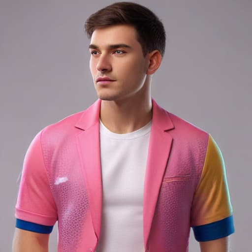 Handsome young man in rainbow sport coat mesh pink t-shirt, ultra realistic, 3d, digital art, artstation, octane render, dynamic, high qualitydetailed, intricate, full of colour