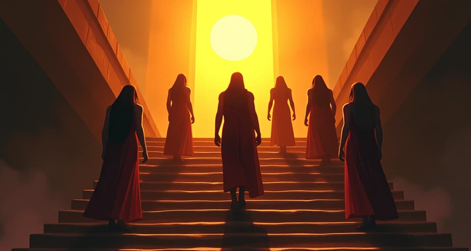  a group of figures ascending a staircase towards a golden light, unity and collective strength, atmosphere of togetherness and upliftment. the style is digital art illustration / modern comic book / mysterious occult, symbolic, esoteric vibe,high detail on character design, incorporating ancient egyptian symbology and attire.