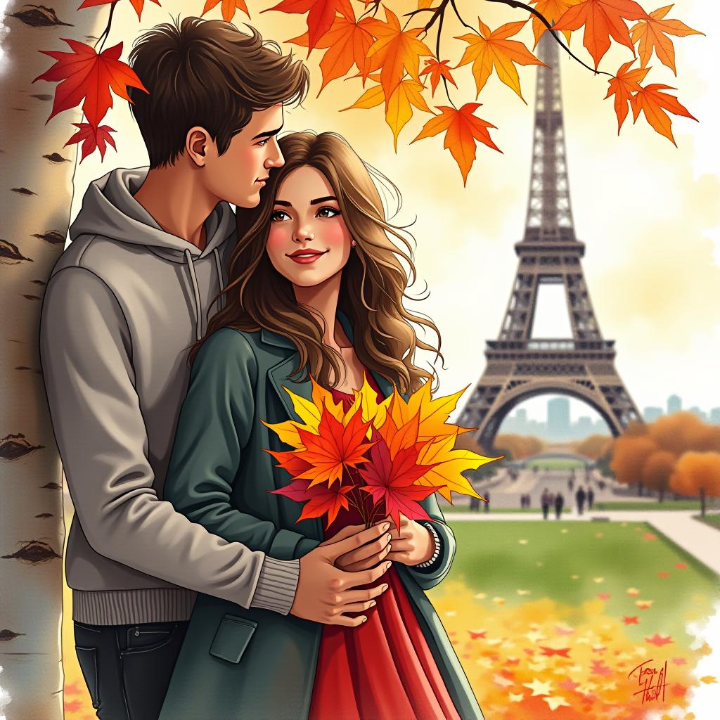  watercolor painting painting. painting with watercolor.(indian summer, leaffall, leaves swirling. in the city garden in paris, in the distance you can see the eiffel tower. a beautiful, young is standing near a birch, leaning against it, in her hands she has maple leaves of yellow and scarlet color, and a young, handsome young man is emcing her tenderly, behind the birch. they're both looking at the camera. they are happy. they love each other, looking affectionately into each other's eyes:1.5). intense close up. watercolor style by artist sergei andriyak. leaks, stains. high detail, high definition, high resolution. . vint, beautiful, painterly, detailed, textural, artistic