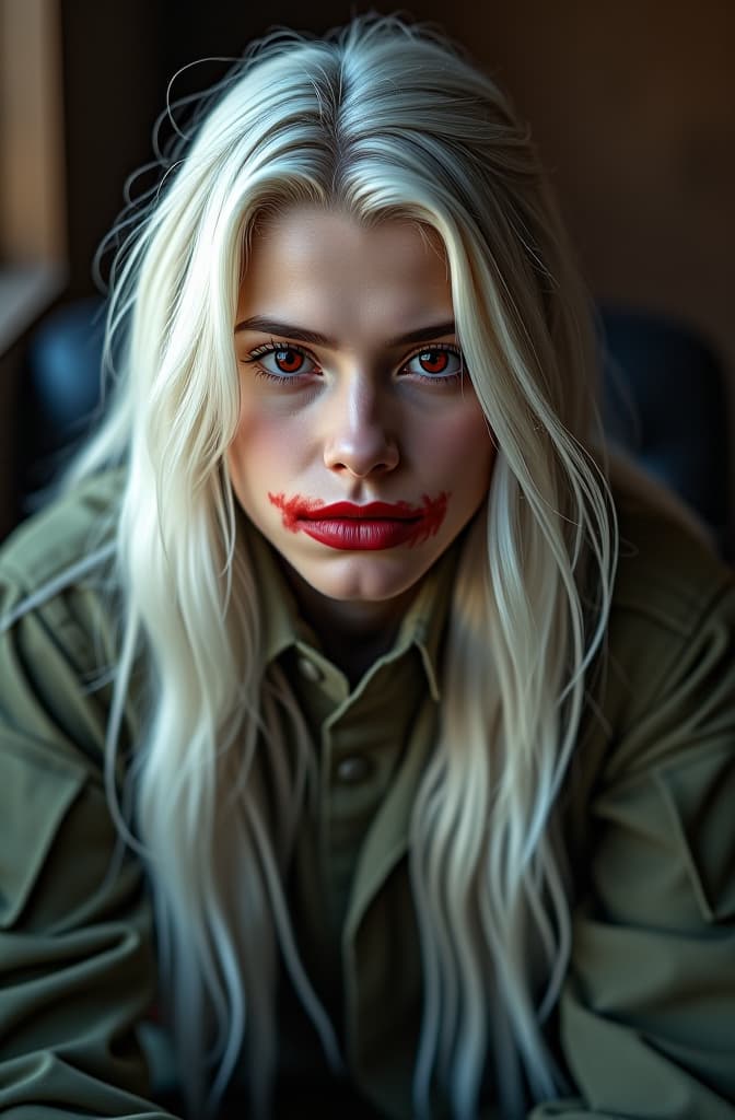  young soldier with white long hair, red eyes, scar over mouth, soldier clothes, sitting, calm expression. hyperrealistic, full body, detailed clothing, highly detailed, cinematic lighting, stunningly beautiful, intricate, sharp focus, f/1. 8, 85mm, (centered image composition), (professionally color graded), ((bright soft diffused light)), volumetric fog, trending on instagram, trending on tumblr, HDR 4K, 8K