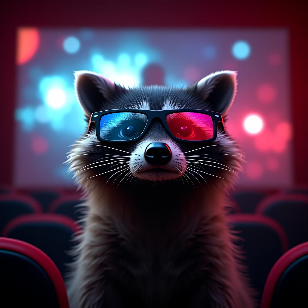  a raccoon in 3d glasses for movies looks directly into the screen on the background of the cinema in the glasses reflects a fragment of an action movie