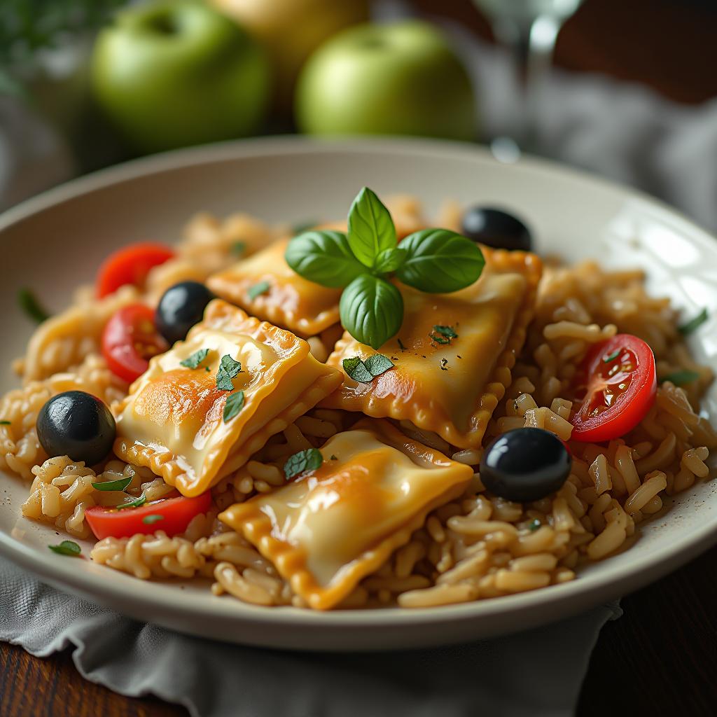  a visual of a dish made using green apples, rice, ravioli, tomatoes, eggs, olives. the visual should include all ingredients, but it should be a dish that is created by mixing all ingredients. hyperrealistic, full body, detailed clothing, highly detailed, cinematic lighting, stunningly beautiful, intricate, sharp focus, f/1. 8, 85mm, (centered image composition), (professionally color graded), ((bright soft diffused light)), volumetric fog, trending on instagram, trending on tumblr, HDR 4K, 8K