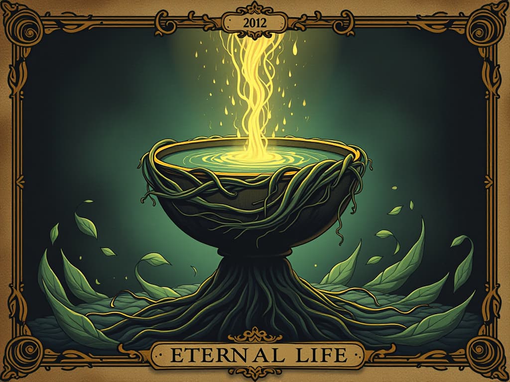  a symbolic image of an ancient chalice overflowing with luminescent water, vine and root wrapped, aura of eternal life. an illustration in the style of a worn, mystical old tarot trump card, mysterious and elements of surrealism. the colors are muted, somber and eerie, but with contrast bring out an occult and esoteric vibe.