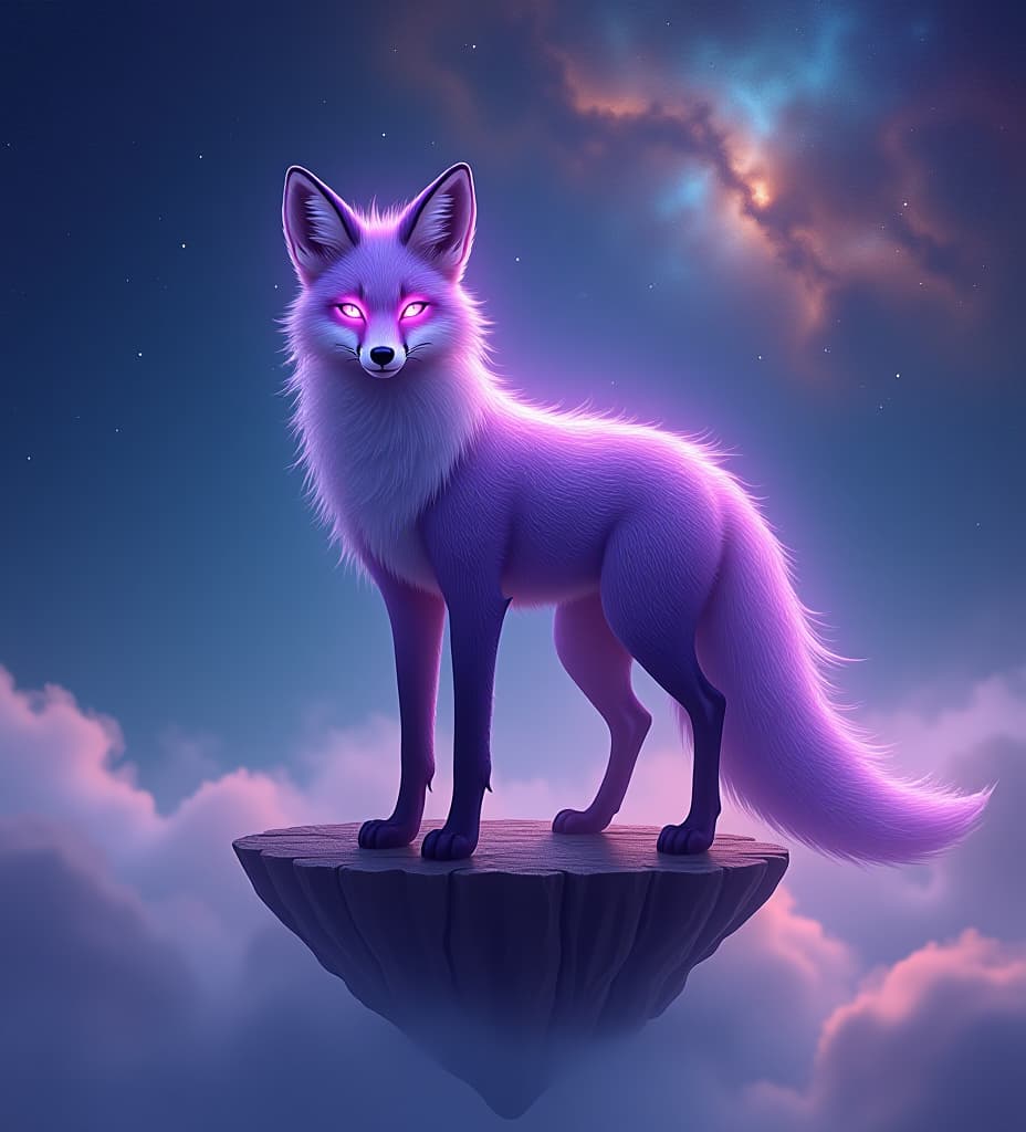  good quality, high quality, a mystical fox with glowing eyes, its fur shimmering in an iridescent purple hue, standing on a floating island surrounded by swirling mist. the background features a cosmic sky filled with vibrant nebulae and distant stars, creating a magical, ethereal atmosphere.