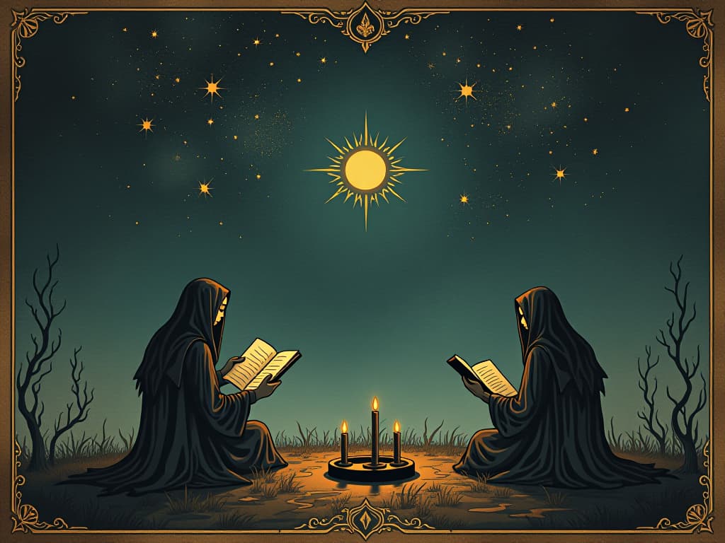  figures sharing their stories under a vast night sky, stars twinkling, connecting, illuminating. an illustration in the style of a worn, mystical old tarot trump card, mysterious and elements of surrealism. the colors are muted, somber and eerie, but with contrast bring out an occult and esoteric vibe.