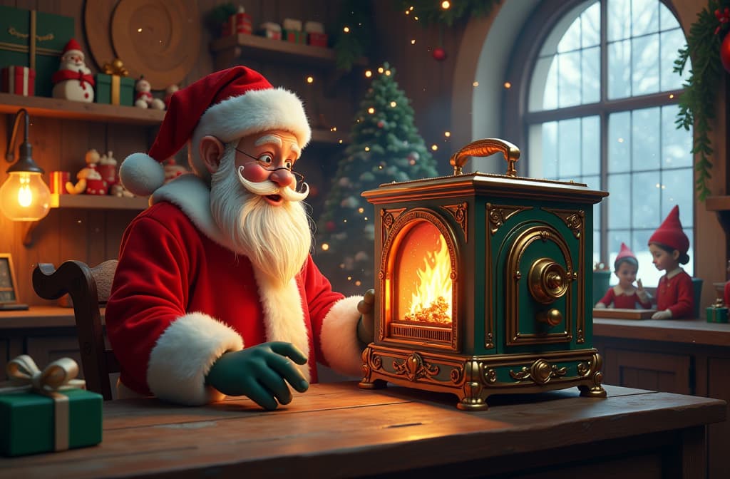  create a whimsical scene featuring a vintage workshop filled with colorful, magical gadgets and tools. in the center, an enchanting old fashioned voice generator resembling a cozy fireplace is surrounded by festive decorations. santa claus, with a twinkling eye and a jolly smile, interacts with the voice generator, which emits swirling musical notes and sparkling sound waves. in the background, elves are busy crafting toys, and snowy scenery can be seen through a frosty window, capturing the spirit of holiday cheer and creativity. hyperrealistic, full body, detailed clothing, highly detailed, cinematic lighting, stunningly beautiful, intricate, sharp focus, f/1. 8, 85mm, (centered image composition), (professionally color graded), ((bright soft diffused light)), volumetric fog, trending on instagram, trending on tumblr, HDR 4K, 8K