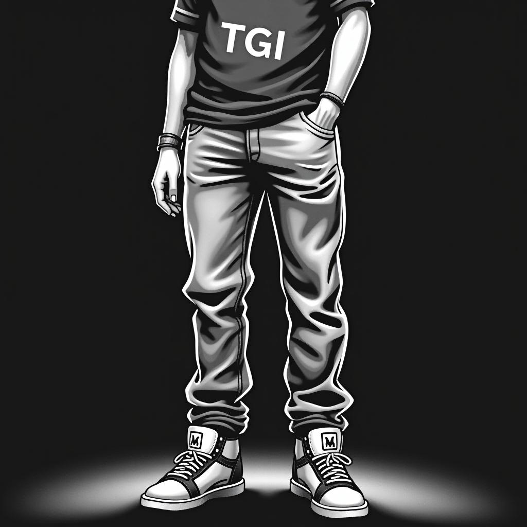  design with a lot of a panta wearing shoes and wearing any shirt saying tgi, (logo:1.15), black and white, hq, hightly detailed, 4k