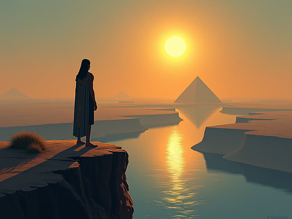  a lone figure standing on a cliff overlooking the nile, gazing at the horizon, conveying mastery of self and clarity in navigation of life. the style is digital art illustration / modern comic book / mysterious occult, symbolic, esoteric vibe,high detail on character design, incorporating ancient egyptian symbology and attire.