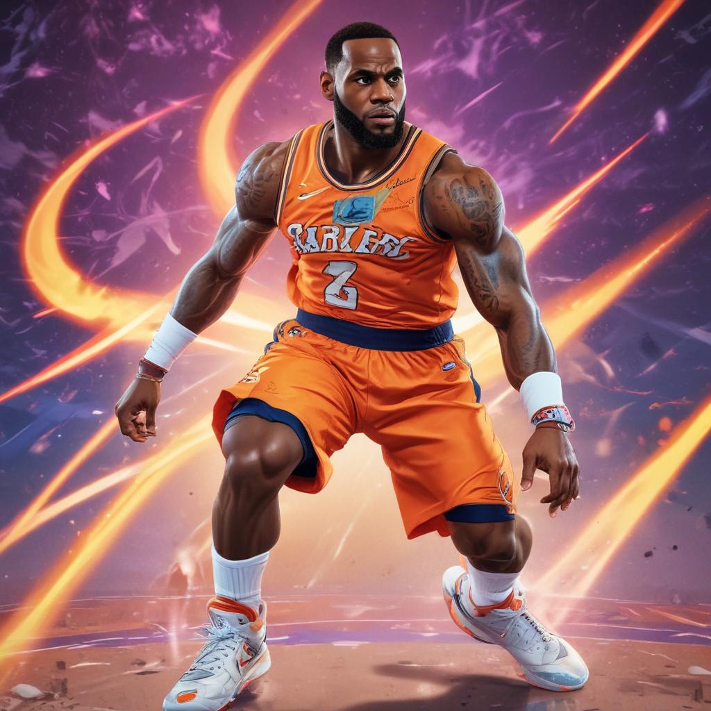 distance-shot, flashy, full-body, dynamic, holographic, animated cartoon poster of lebron james in the style of dragon ball super