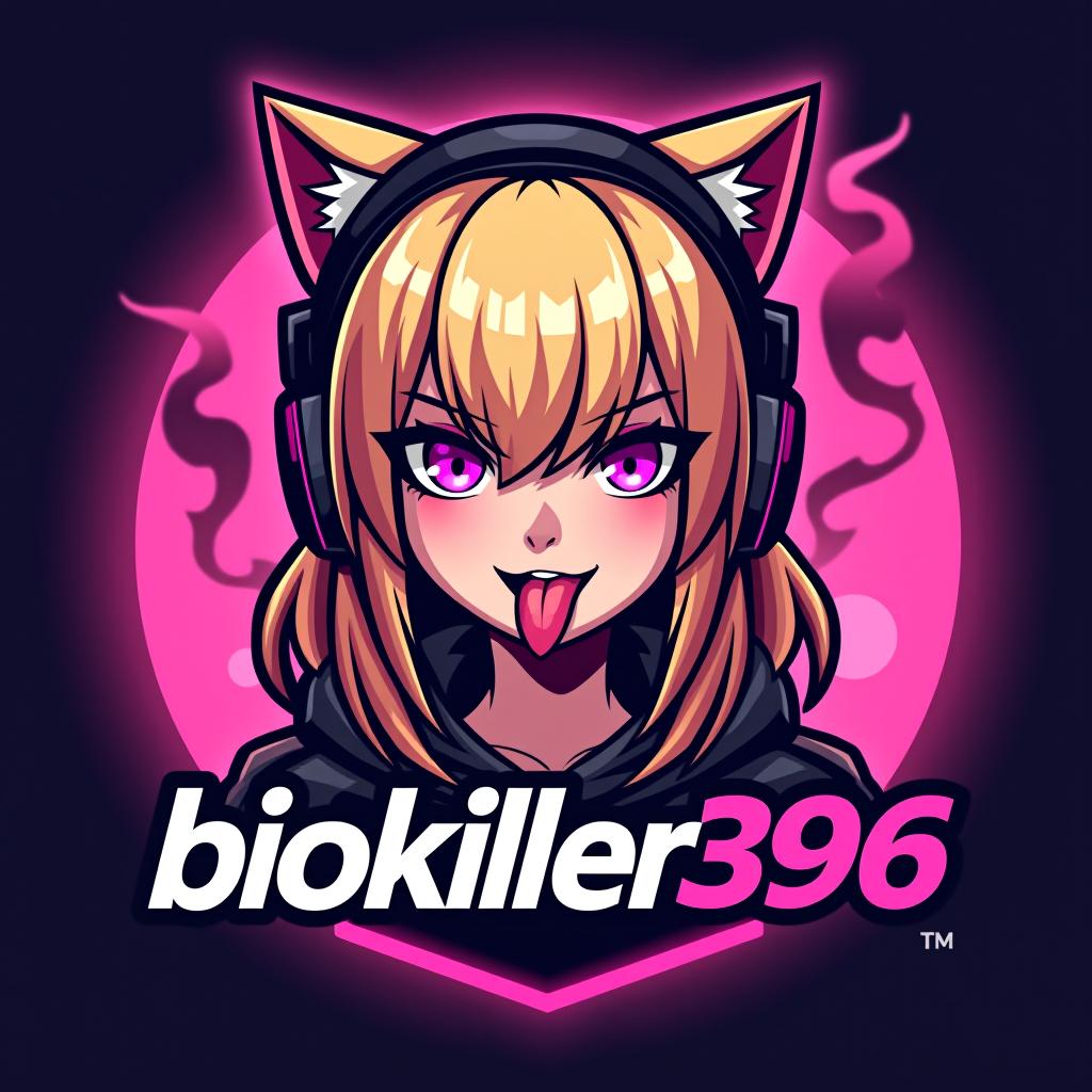  design a logo, gamer girl with cat ears blonde hair with her tongue out with smoke and pink lights, with the text 'biokiller396'.