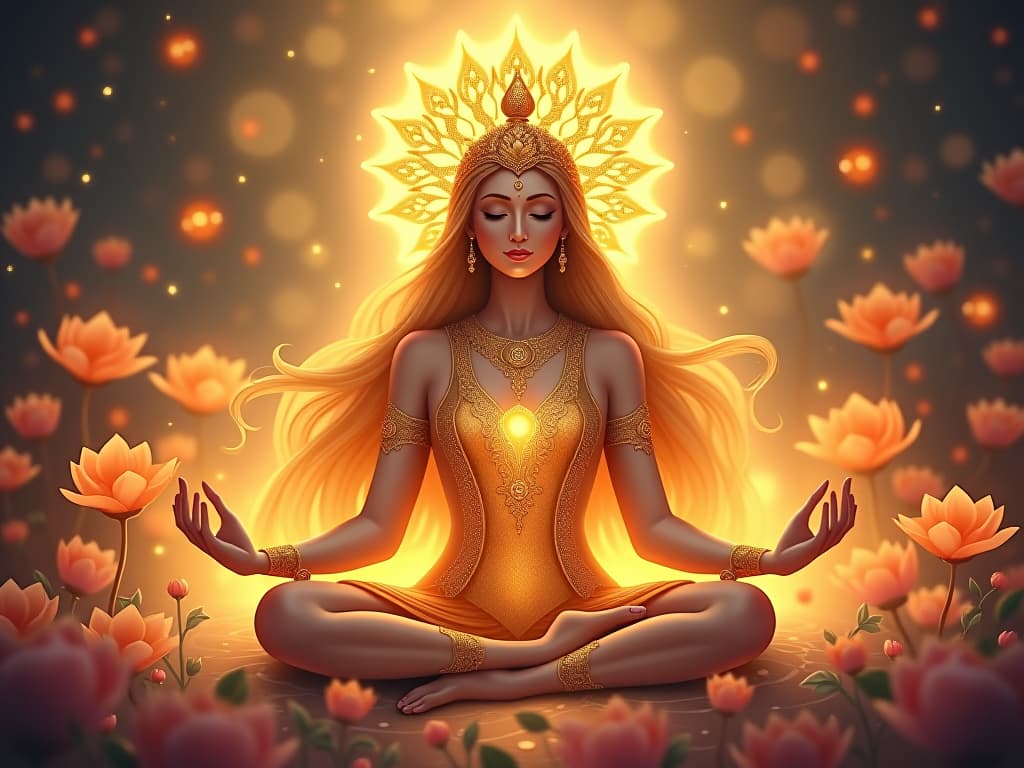  radiant being with golden aura, meditative pose, surrounded by serene glowing flora, tranquil and divine atmosphere. the style is digital art illustration,highly detailed, whimsical,magical, dreamlike atmosphere, realism and fantasy blend, smooth, glossy textures,luminous quality, wonder and enchantment.