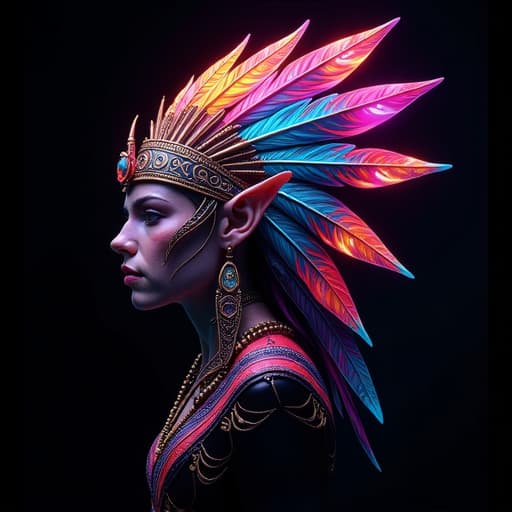  futuristic logoa vibrant, colorful elfface in head indian feathers logo with intricate details, the word "olashow" written in a futuristic font, entire design should be set against a solid black background.given brand name "oladance" logo will also be written hyperrealistic, full body, detailed clothing, highly detailed, cinematic lighting, stunningly beautiful, intricate, sharp focus, f/1. 8, 85mm, (centered image composition), (professionally color graded), ((bright soft diffused light)), volumetric fog, trending on instagram, trending on tumblr, HDR 4K, 8K