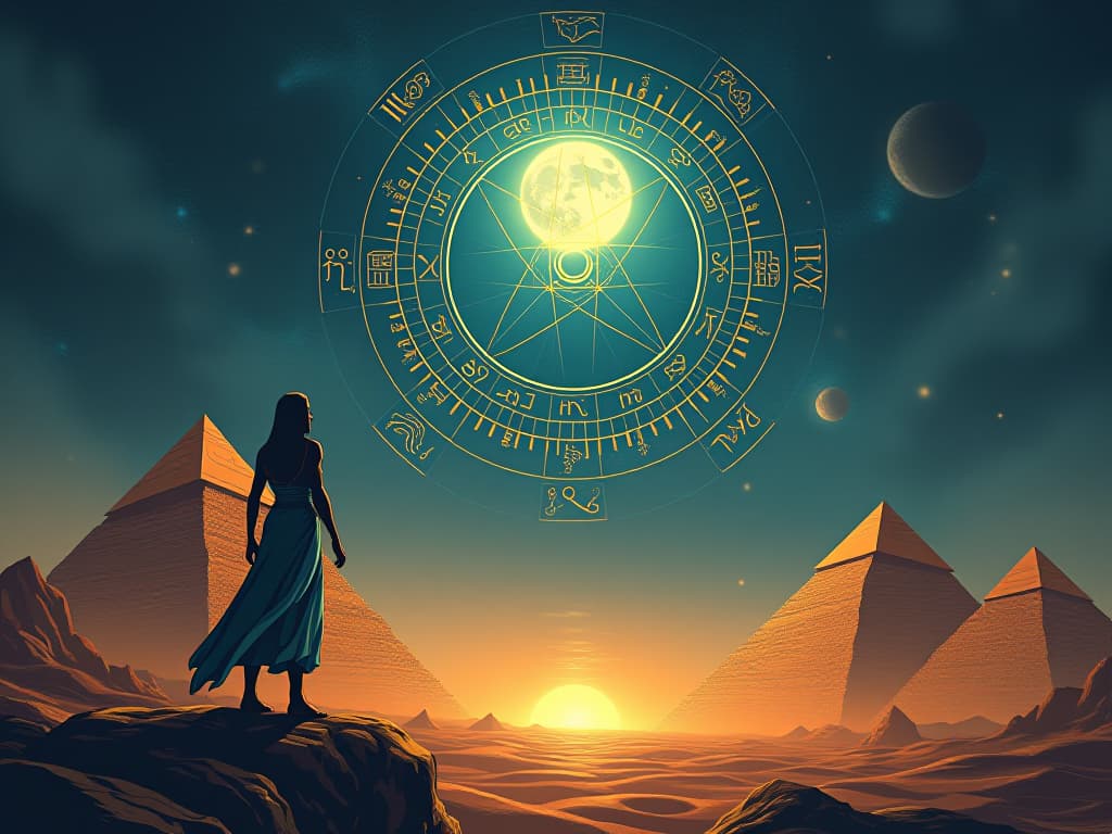  astrological chart floating over an ancient egyptian landscape, full moon illuminating zodiac symbols and pyramids, aura of cosmic alignment and significance. the style is digital art illustration / modern comic book / mysterious occult, symbolic, esoteric vibe,high detail on character design, incorporating ancient egyptian symbology and attire.