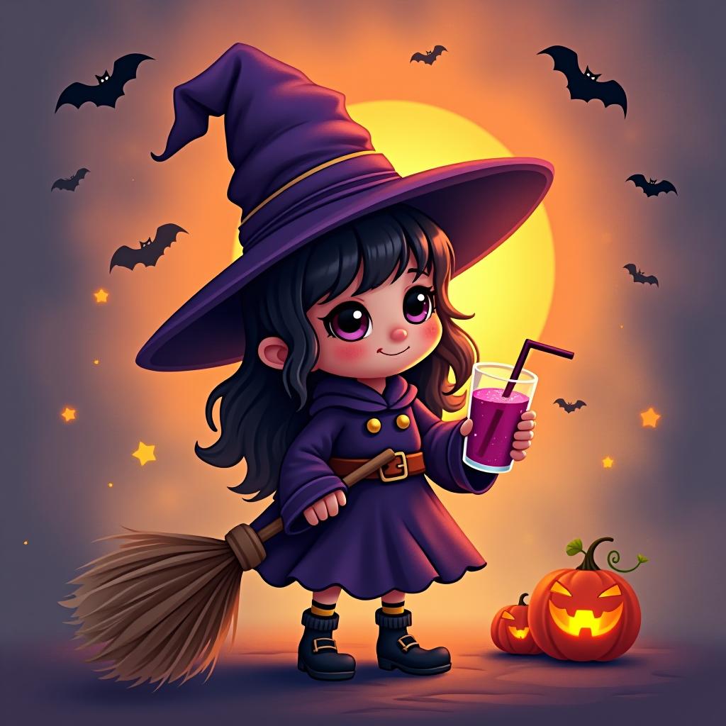  create a digital painting featuring a cute witch character. the witch should be wearing a hat. in one hand, the witch should hold a broomstick, and in the other hand, a halloween themed drink. the background should be colorful and include small black bats, pumpkins and stars to add a playful halloween touch. the overall style should be cute, whimsical, and colorful hyperrealistic, full body, detailed clothing, highly detailed, cinematic lighting, stunningly beautiful, intricate, sharp focus, f/1. 8, 85mm, (centered image composition), (professionally color graded), ((bright soft diffused light)), volumetric fog, trending on instagram, trending on tumblr, HDR 4K, 8K