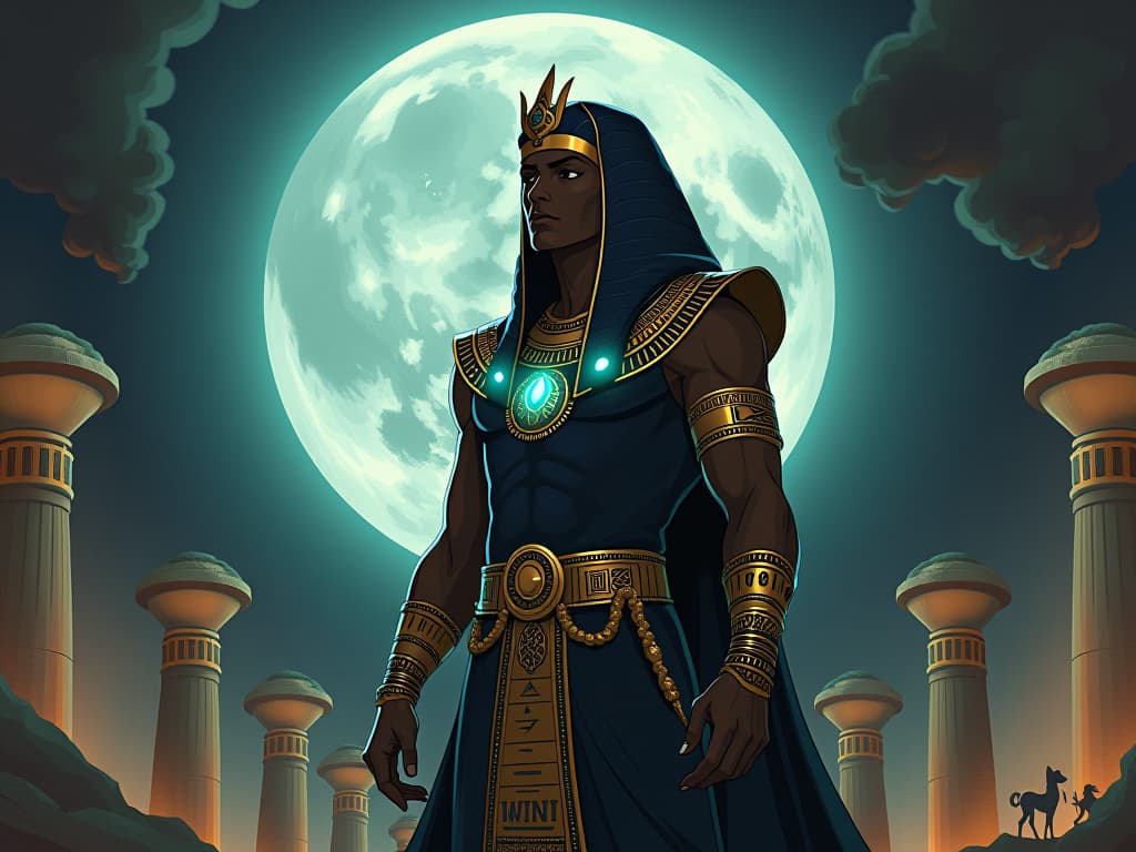  pharaoh clad in tight regal robes, with glowing hieroglyphs around, under the full moon's ethereal light, showing the power within to transform life, moonlight invoking empowerment. the style is digital art illustration / modern comic book / mysterious occult, symbolic, esoteric vibe,high detail on character design, incorporating ancient egyptian symbology and attire.