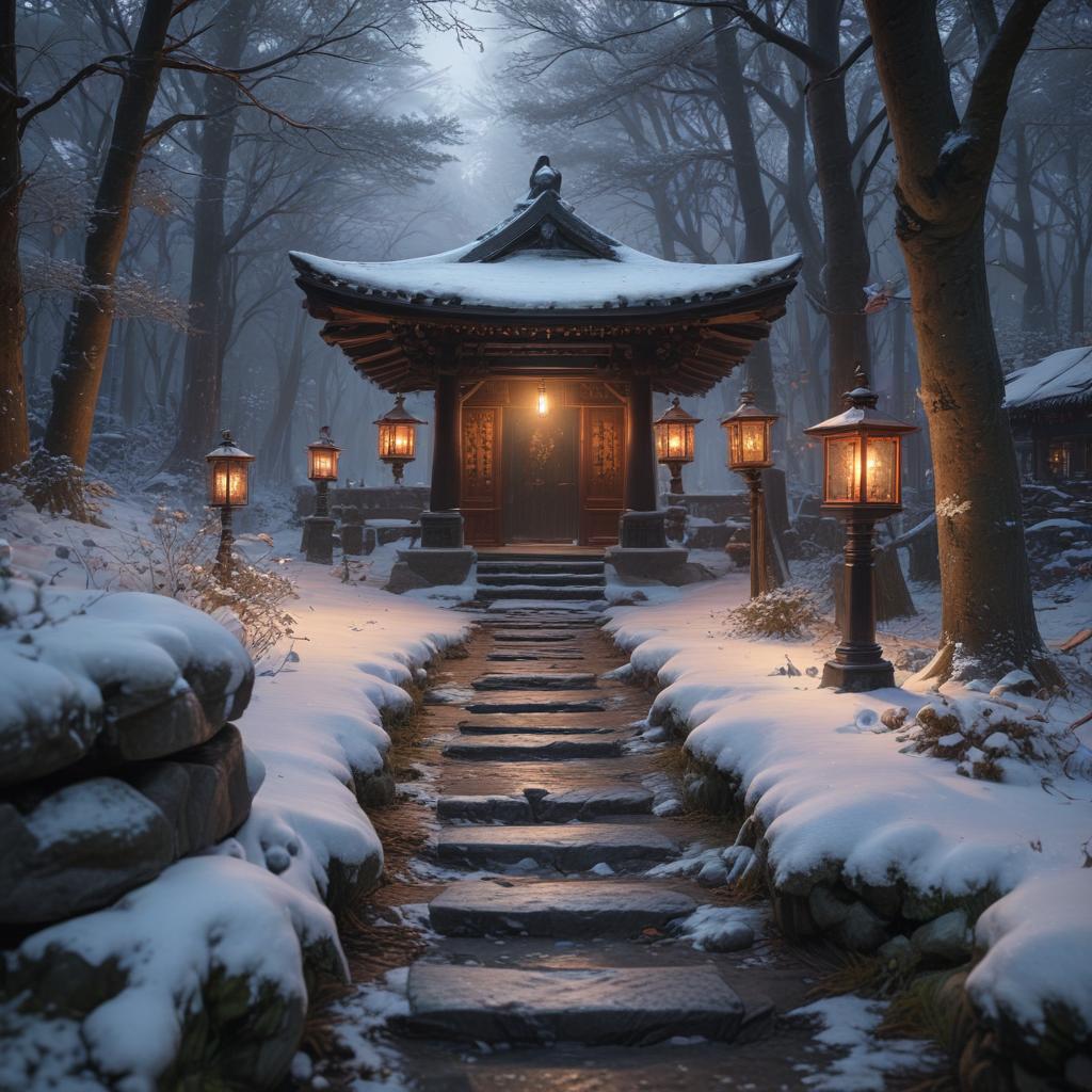 ((masterpiece)),(((best quality))), 8k, high detailed, ultra detailed, 目黒蓮 SNOW MAN, a mystical forest covered in snow, a hidden pathway leading to a mysterious shrine, lanterns glowing softly, a fox spirit watching from the shadows, ethereal moonlight hyperrealistic, full body, detailed clothing, highly detailed, cinematic lighting, stunningly beautiful, intricate, sharp focus, f/1. 8, 85mm, (centered image composition), (professionally color graded), ((bright soft diffused light)), volumetric fog, trending on instagram, trending on tumblr, HDR 4K, 8K