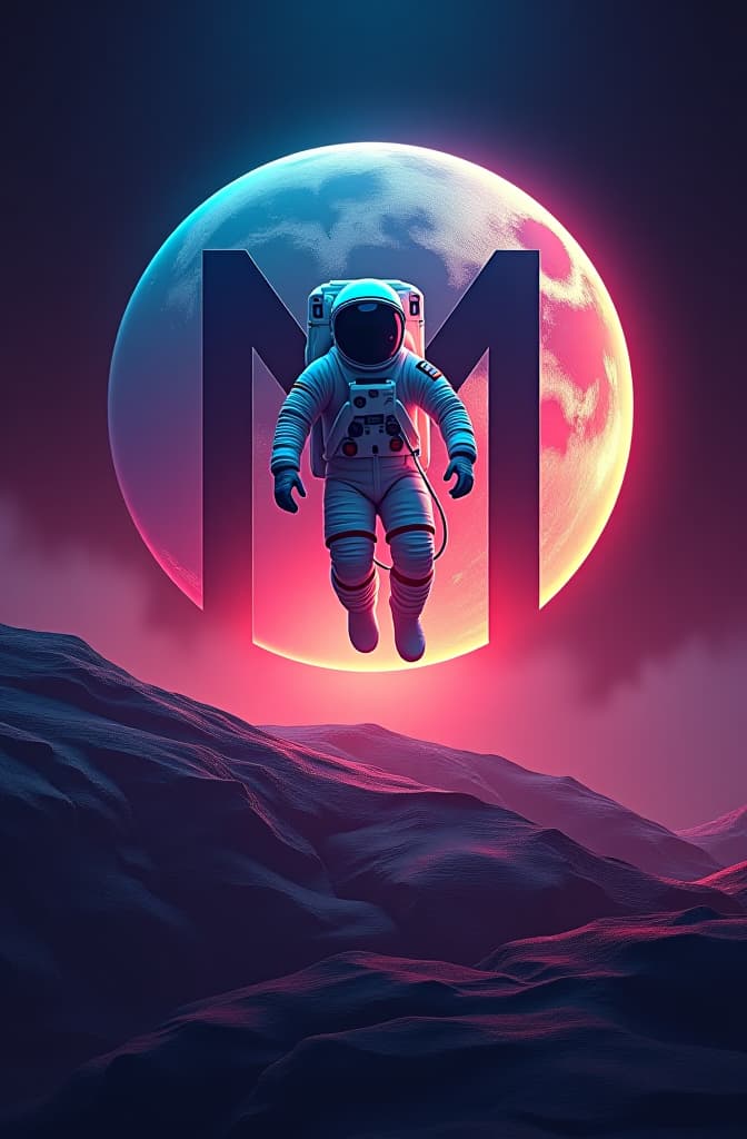  a visually captivating and striking logo design featuring astronaut matthew s. the prominent "m" and "s" of the astronaut's name are artfully combined in a sleek, stylized manner. a bold astronaut character is integrated into the design, floating in a vibrant space moon landscape hyperrealistic, full body, detailed clothing, highly detailed, cinematic lighting, stunningly beautiful, intricate, sharp focus, f/1. 8, 85mm, (centered image composition), (professionally color graded), ((bright soft diffused light)), volumetric fog, trending on instagram, trending on tumblr, HDR 4K, 8K