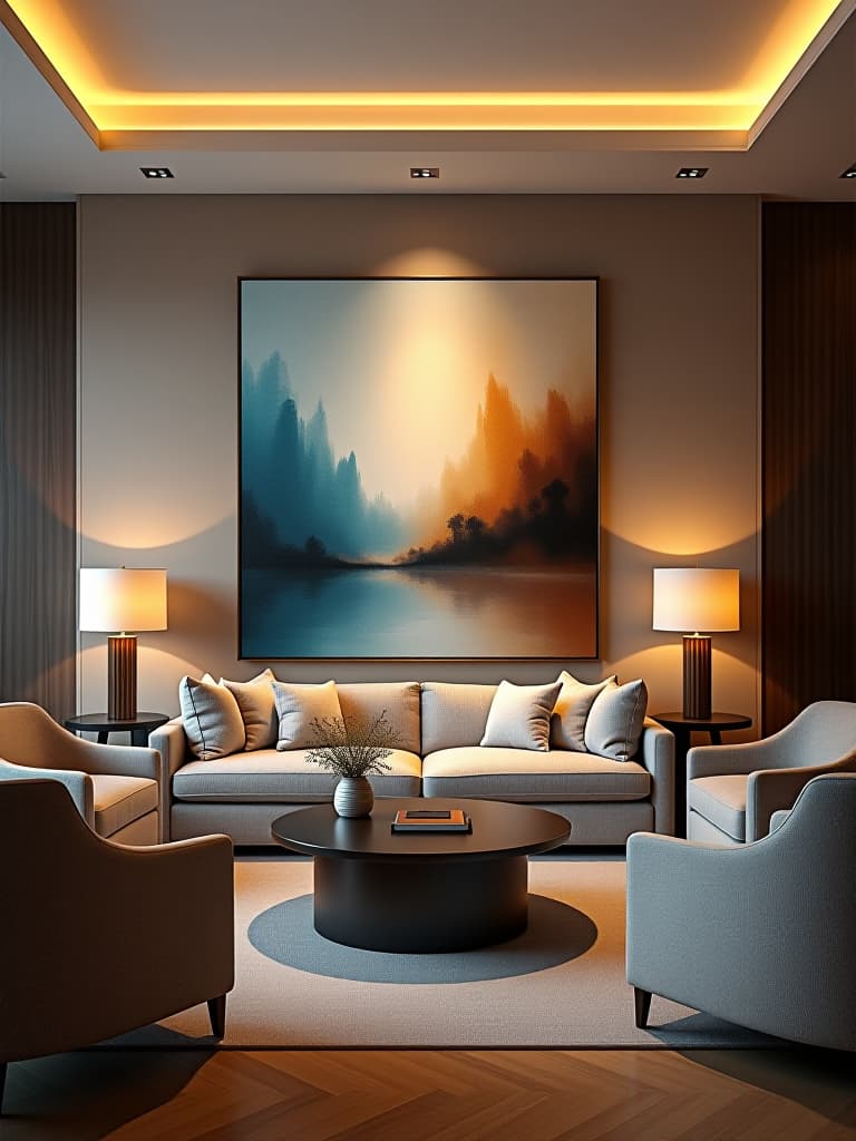  high quality portrait photo of a luxurious living room with a large, abstract canvas painting as the focal point, soft ambient lighting, and plush furnishings, shot from a wide angle hyperrealistic, full body, detailed clothing, highly detailed, cinematic lighting, stunningly beautiful, intricate, sharp focus, f/1. 8, 85mm, (centered image composition), (professionally color graded), ((bright soft diffused light)), volumetric fog, trending on instagram, trending on tumblr, HDR 4K, 8K