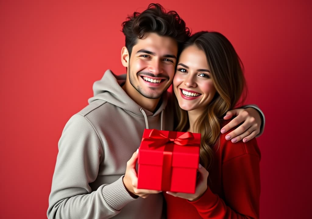  saint valentine's day celebration, gift giving and romantic couple concept. portrait of happy smiling young man and woman hugging and holding red present box