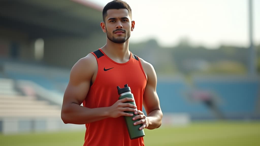  image of focused muscular ethnic male athlete in sportswear looking at camera while taking a break from running practice with a water bottle at stadium