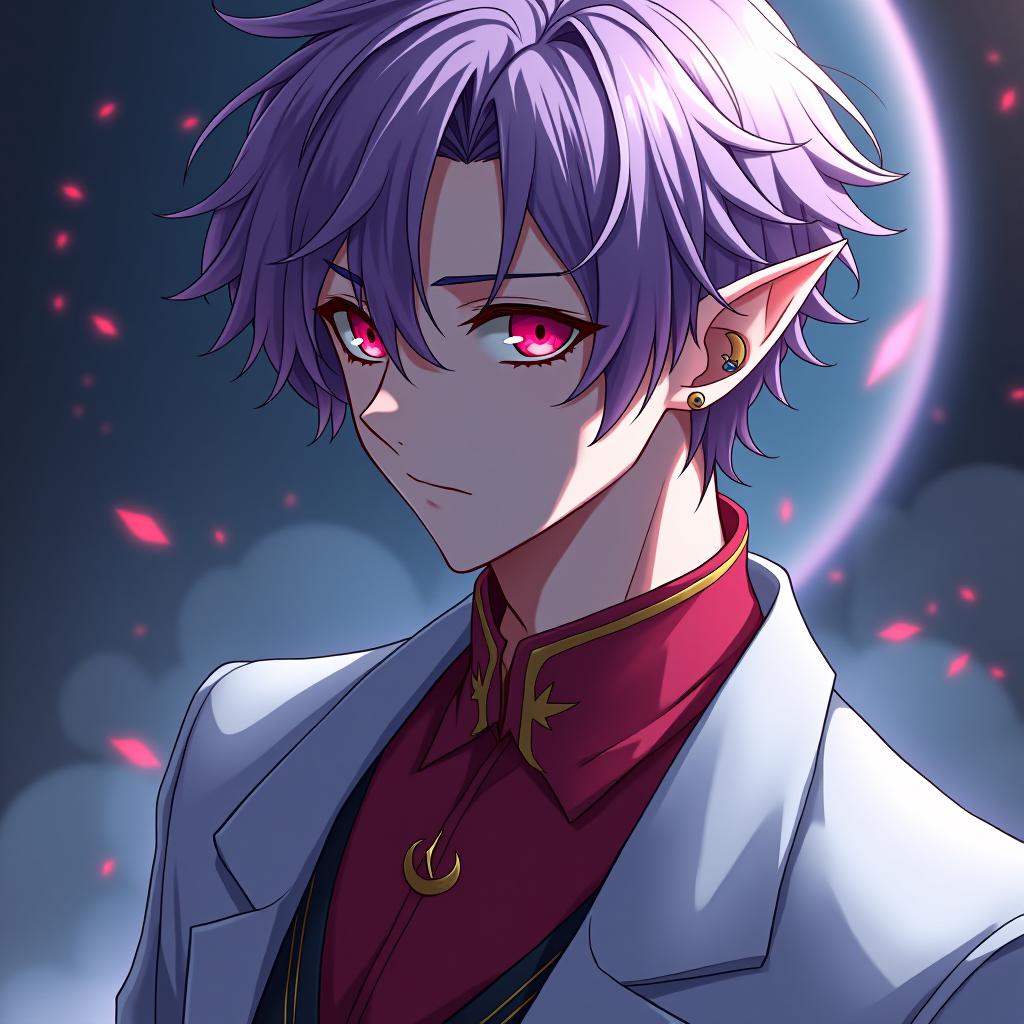  anime artwork the doctor of the dark elves is a man with marble white skin, purple hair with a scarlet tint, lavender eyes with a red glow, dressed in a red purple shirt embroidered with red gold, a tight fitting white doctor's coat is worn over the shirt. hairstyle in the style of disheveled hair. in the right ear there is an earring in the shape of a crescent with teeth inside. a tattoo in the form of a crescent with a jagged inner side is applied from the left temple to the left cheekbone, skirting the left eye socket, the crescent moon faces the eye with a jagged inner side. the doctor of the dark elves is a young man with marble white skin, purple hair with a scarlet hue, lavender eyes with a red glow, dressed in a red purple shirt  hyperrealistic, full body, detailed clothing, highly detailed, cinematic lighting, stunningly beautiful, intricate, sharp focus, f/1. 8, 85mm, (centered image composition), (professionally color graded), ((bright soft diffused light)), volumetric fog, trending on instagram, trending on tumblr, HDR 4K, 8K