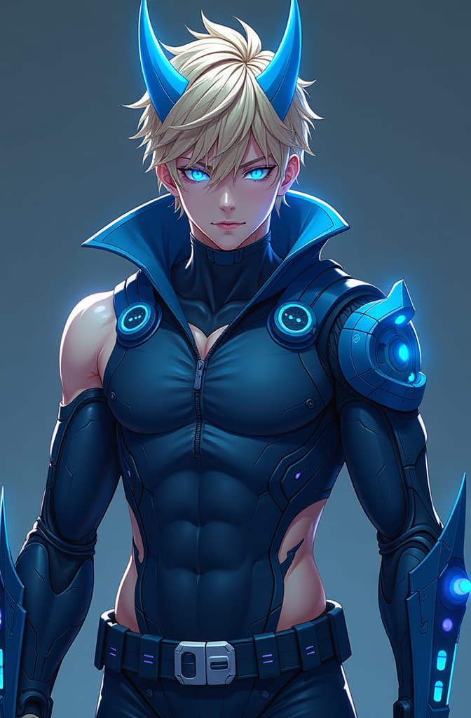  the character will be adapted in an anime style with strong lines and intense shading, inspired by a cyberpunk aesthetic. his bright blue eyes will stand out dramatically, with angular lines accentuating his seriousness and determination. his blonde hair will be spikier and more stylized, fitting the dynamic and sharp look of anime. the futuristic horns will retain their blue and white contrast but in a more simplified and stylized manner to suit the anime aesthetic, with a soft neon glow. his fitted technological outfit will show a strong contrast between light and shadow, featuring dark blue tones and neon highlights that emphasize his defined abdomen. the cybernetic arm will have a more geometric design, with technological lights that h hyperrealistic, full body, detailed clothing, highly detailed, cinematic lighting, stunningly beautiful, intricate, sharp focus, f/1. 8, 85mm, (centered image composition), (professionally color graded), ((bright soft diffused light)), volumetric fog, trending on instagram, trending on tumblr, HDR 4K, 8K