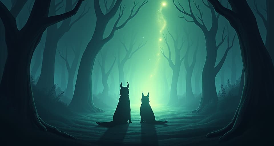  shadows cast behind magical creatures, unable to reach a glowing light ahead. mood: stifled, yearning.. the style is digital art illustration,highly detailed, whimsical,magical, dreamlike atmosphere, realism and fantasy blend, smooth, glossy textures,luminous quality, wonder and enchantment.