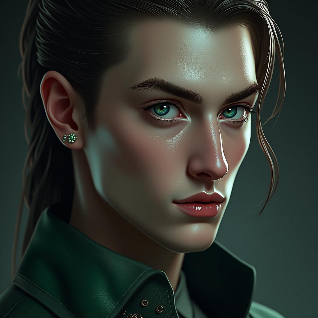  isamu madlock ,green and blue eyes ,hair slick back dark brown rat tail , muscles ,slytherin (green /black/silver ) (harry potter style ) young male piercings, award winning, professional, highly detailed, masterpiece