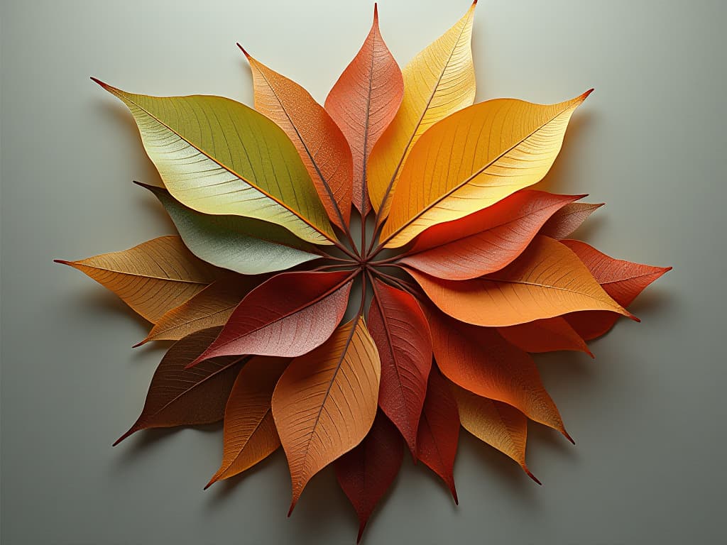  hyperrealistic art a stunning arrangement of leaves that seem to float gracefully, creating a pattern reminiscent of the wings of birds or an abstract tree canopy. the leaves are attached to a central branch that acts as the main axis. each leaf is a different color, ranging from soft yellows and greens to rich reds and browns, evoking the changing hues of autumn. the colors blend seamlessly to create an ombre effect that adds depth and dimension to the piece. the leaves are layered in such a way that they create a textured, three dimensional look. this piece of art beautifully captures the diversity and beauty of nature, symbolizing themes of growth, change, and the cyclical nature of life. the overall composition is both harmonious and dy