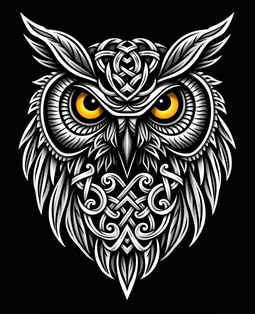  art deco style sketch of tattoo in celtic style. image in art deco and art nouveau style. ethnic motifs. scandinavian style. celtic style. animal scythian style. black background. abstract symbolic image. stylised. unrealistic. black and white complex weaving is designed in the form of owl's eyes. bright yellow eyes:: glow. sharp nose. toning. celtic style ornamentation:: weaving, spirals. abstractionism. geometric abstraction, interweaving ethnic motifs with strict geometry. breathtaking. complex curves, epicness, symbolism, symmetry of composition. sharp shapes: (runic ornament in celtic style: 1,3). geometric patterns, dynamic interaction of complex gradient tonal transitions. contemporary abstract style, vibrant colours, 8k resolution. 