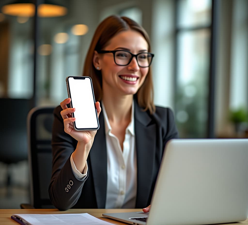  businesswoman holding phone with text payment successful on screen display, sitting in office chair at desk or table with laptop notebook on workplace. online internet shopping, purchase invoice