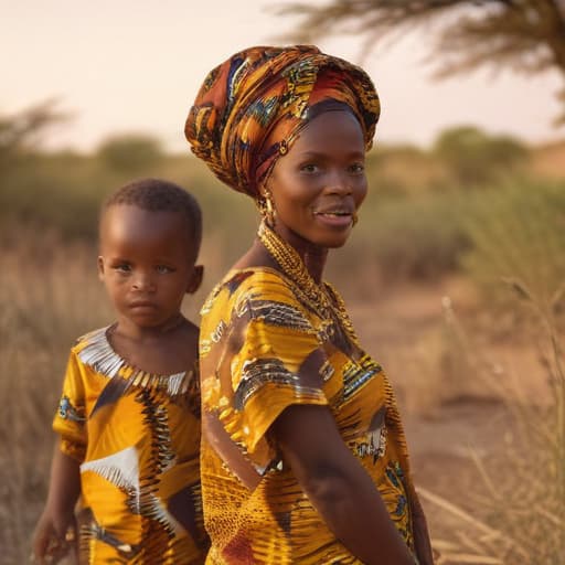 Mama africaine portant un boubou wax marchant de dos avec son fils en plein désert du Mali in Cinématographique style with Nature background