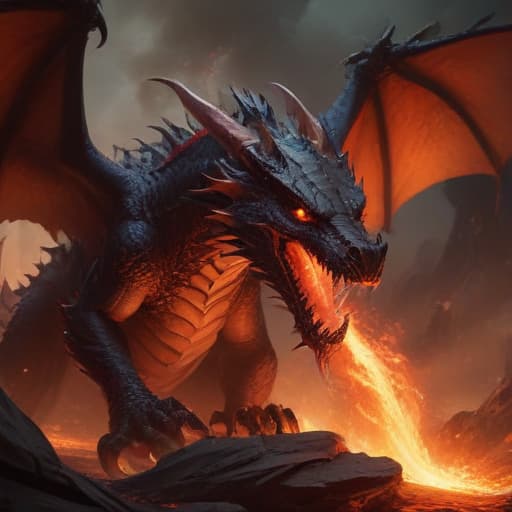 In the depths of a fiery inferno, a colossal dragon with obsidian scales and burning crimson eyes emerges. Its wings stretch out, engulfed in flames that leave a trail of destruction in their wake. The dragon's massive claws tear through the earth, causing fissures to form beneath its feet. Its roar echoes through the desolate landscape, sending shivers down the spines of all who witness its wrath. The sky darkens as the dragon's presence alone seems to consume all light, leaving only darkness in its wake. This is the Flaming Soul - Dragon of Destruction, a harbinger of chaos and devastation. fantastical creatures or characters inspired by mythology, folklore, or popular culture. use vibrant colors, sharp lines, intricate details, dynamic p