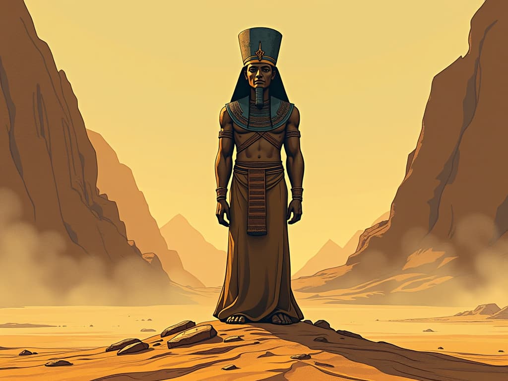  isolated desert with an ancient, weathered statue standing tall, symbolizing fertile ground for personal and spiritual growth. the style is digital art illustration / modern comic book / mysterious occult, symbolic, esoteric vibe,high detail on character design, incorporating ancient egyptian symbology and attire.