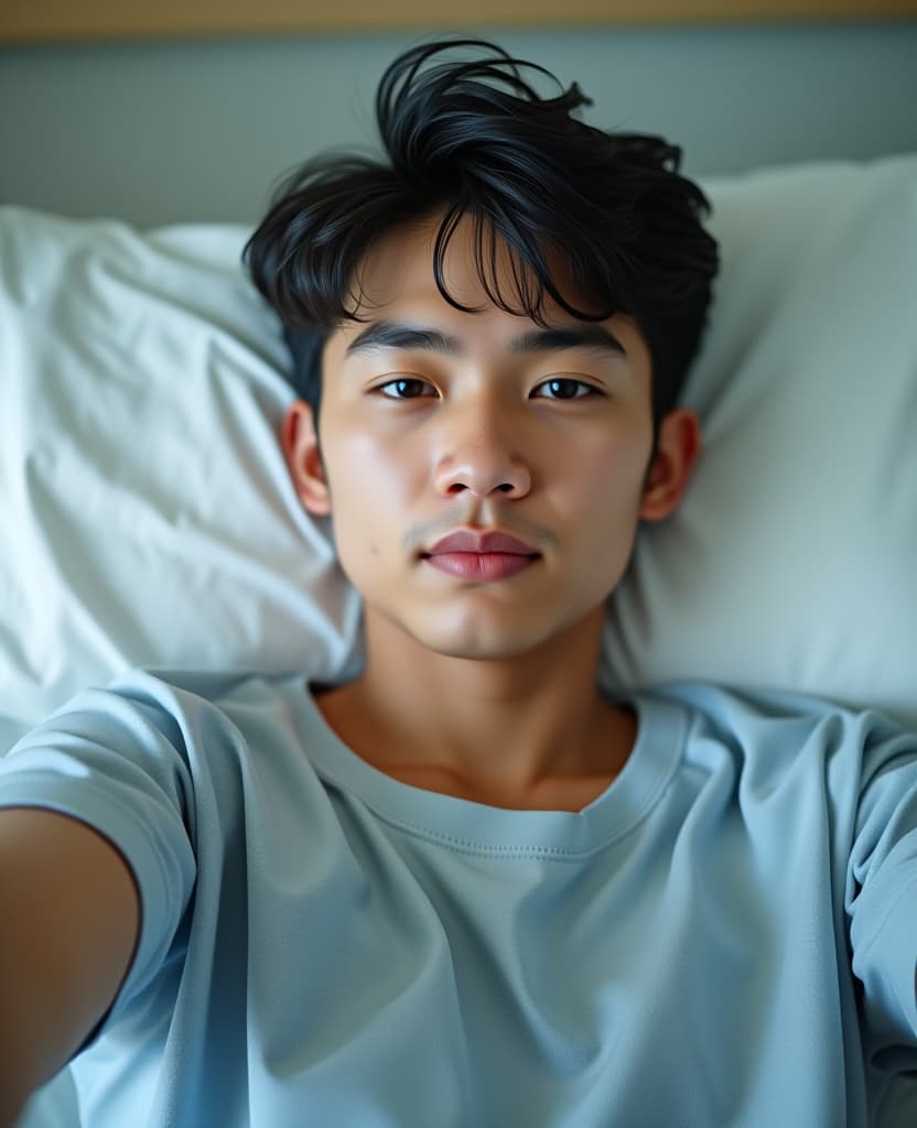  selfie photo, closeup, young asian american wearing a hospital gown sitting up in hospital bed