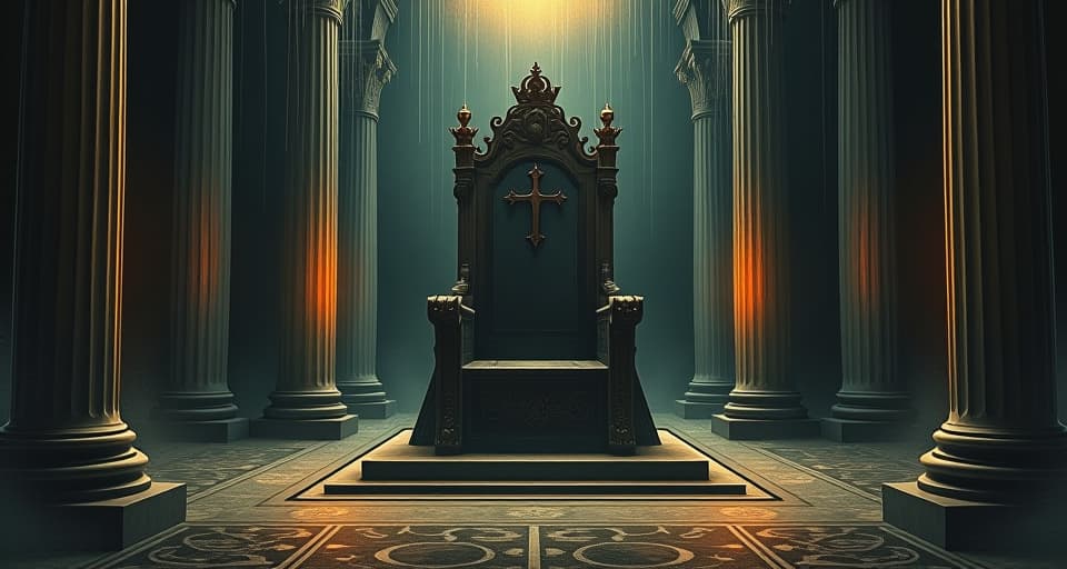  darkened throne room, heavy and oppressive atmosphere, empty throne decorated with cobwebs, relics of former glories gathering dust. an illustration in the style of a worn, mystical old tarot trump card, mysterious and elements of surrealism. the colors are muted, somber and eerie, but with contrast bring out an occult and esoteric vibe.