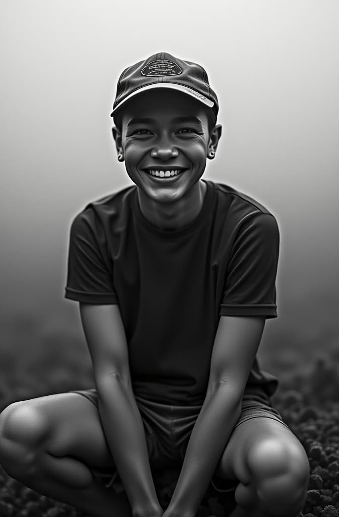  black and white image of a smiling in a 1950s and ing cap, sitting frontally on a seaweed plant cell., realistic, portrait, art by donato giancola and greg rutkowski, realistic face, digital art, trending on artstation hyperrealistic, full body, detailed clothing, highly detailed, cinematic lighting, stunningly beautiful, intricate, sharp focus, f/1. 8, 85mm, (centered image composition), (professionally color graded), ((bright soft diffused light)), volumetric fog, trending on instagram, trending on tumblr, HDR 4K, 8K