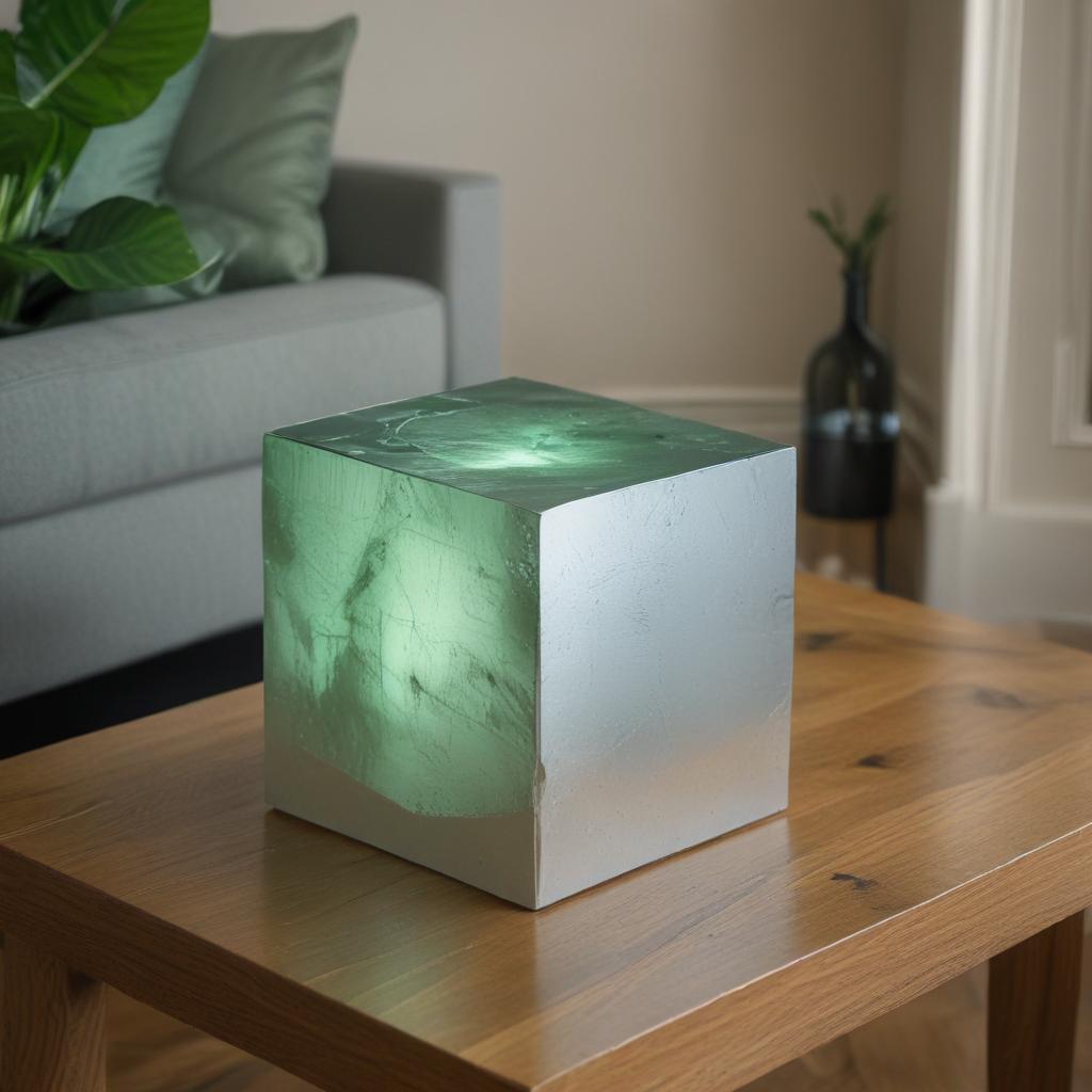 20cm by 20cm silver solid cube with no opening glows with an ominous green shade sits on top of a table in the living room