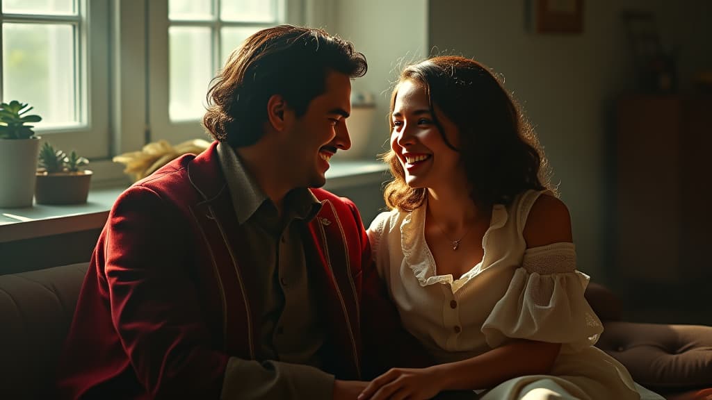  , leonardo moving on with his life, sharing a bright moment with camila, engaging in a shared laugh, a contrast to julia’s loneliness. hyperrealistic, full body, detailed clothing, highly detailed, cinematic lighting, stunningly beautiful, intricate, sharp focus, f/1. 8, 85mm, (centered image composition), (professionally color graded), ((bright soft diffused light)), volumetric fog, trending on instagram, trending on tumblr, HDR 4K, 8K