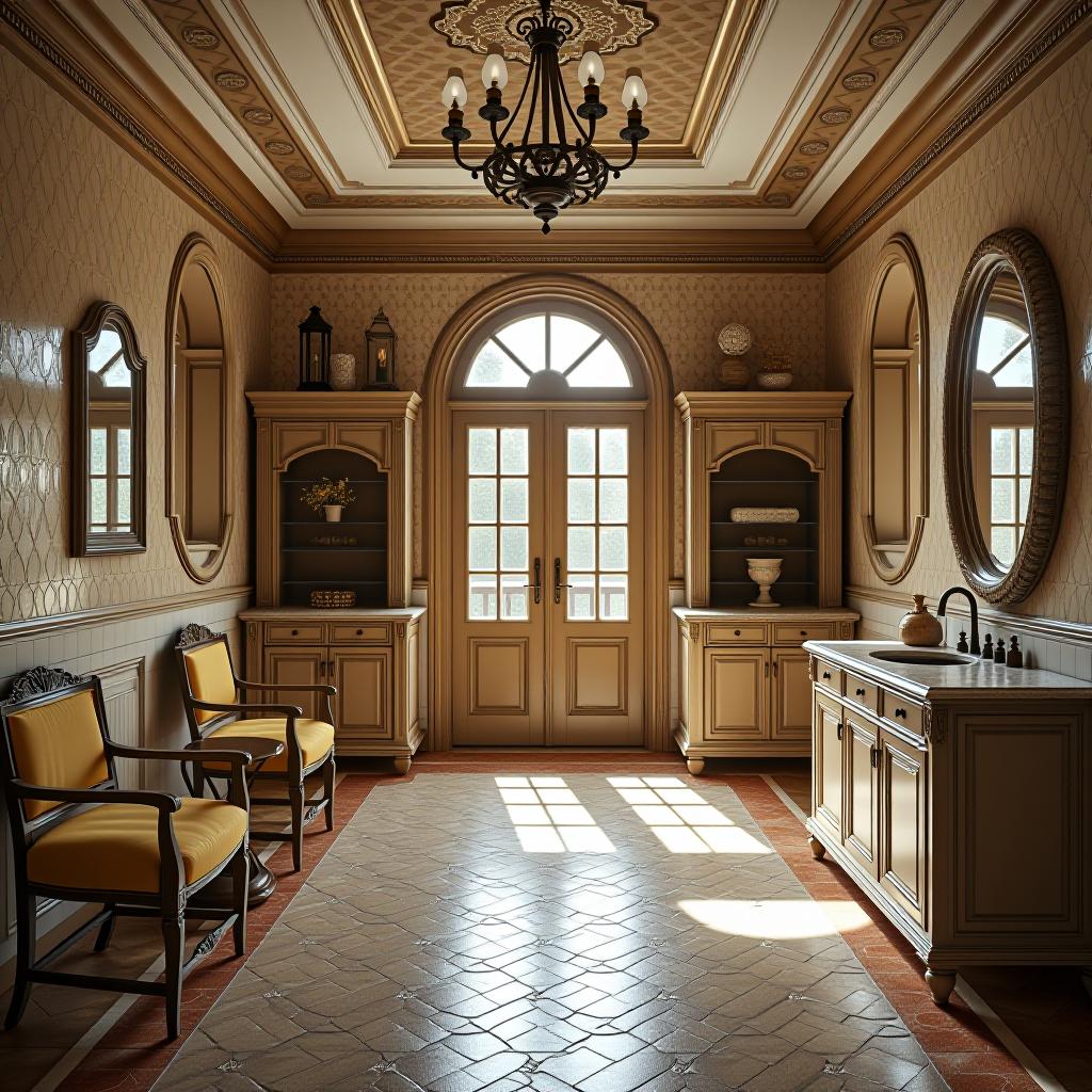  this unedited 8k photograph captures a large mudroom with stunningly beautiful, hyperrealistic detail and intricate designs. the image, shot in raw, showcases sharp focus, symmetrical balance, and professionally color graded features under bright, soft diffused light, offering a highly detailed, dense array of furnishings and decorations. the walls are tiled, enhancing the hdr effect and the intricate, stunning vibe of the space. the furniture is arranged in an analogous color scheme, adding a harmonious aesthetic to the room.