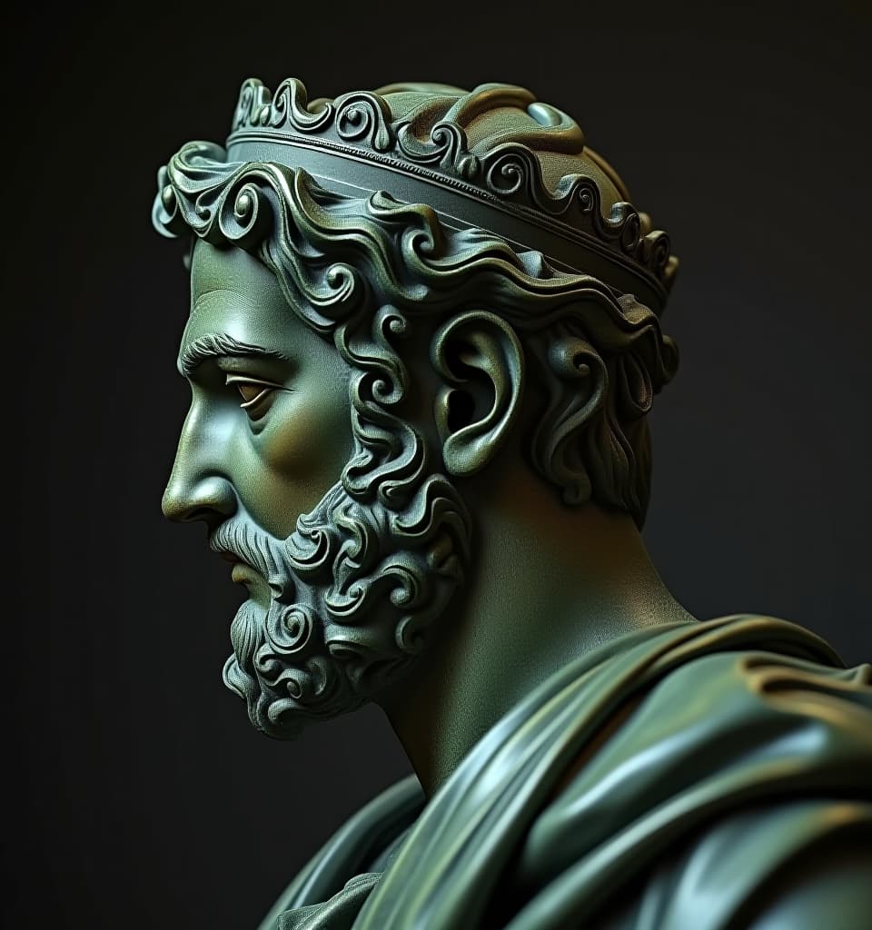  hyperrealistic art a masterpiece, this bust of a roman emperor is shown in profile, skillfully carved from bronze with a greenish patina. the detailed swirls in the hair and beard indicate a high level of craftsmanship. the design of the tiara is ornate, with patterns that flow smoothly across the surface, creating a sense of movement and elegance. the greenish hue characteristic of oxidized bronze adds an antique look to the piece, enhancing its historical and artistic value. overall, this piece exudes a sense of timeless beauty and intricate detail, making it a fascinating example of metalworking. the combination of the noble profile of the man, the ornate crown, and the aged patina leaves a stunning impression on the viewer. . extremely 