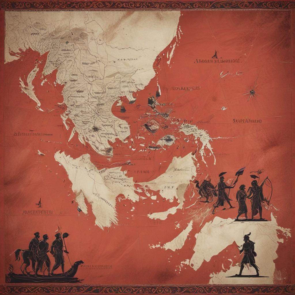 A transition to a map of ancient Greece with a dotted line tracing Odysseus' journey to locate Achilles, marked with key locations and landmarks, enhancing the storytelling with a historical touch, stylized like an old parchment map"in the style of classical Greek pottery art, with intricate black figures on a red background, depicting mythological scenes with a focus on gods and heroes, using a limited color palette of red, black, and white"This image is a breathtaking painting that captures the magical scene with vivid detail. The overall composition is spellbinding, showcasing a perfect harmony. photorealism fantasy, unreal engine 5, concept hyperrealistic, full body, detailed clothing, highly detailed, cinematic lighting, stunningly beautiful, intricate, sharp focus, f/1. 8, 85mm, (centered image composition), (professionally color graded), ((bright soft diffused light)), volumetric fog, trending on instagram, trending on tumblr, HDR 4K, 8K