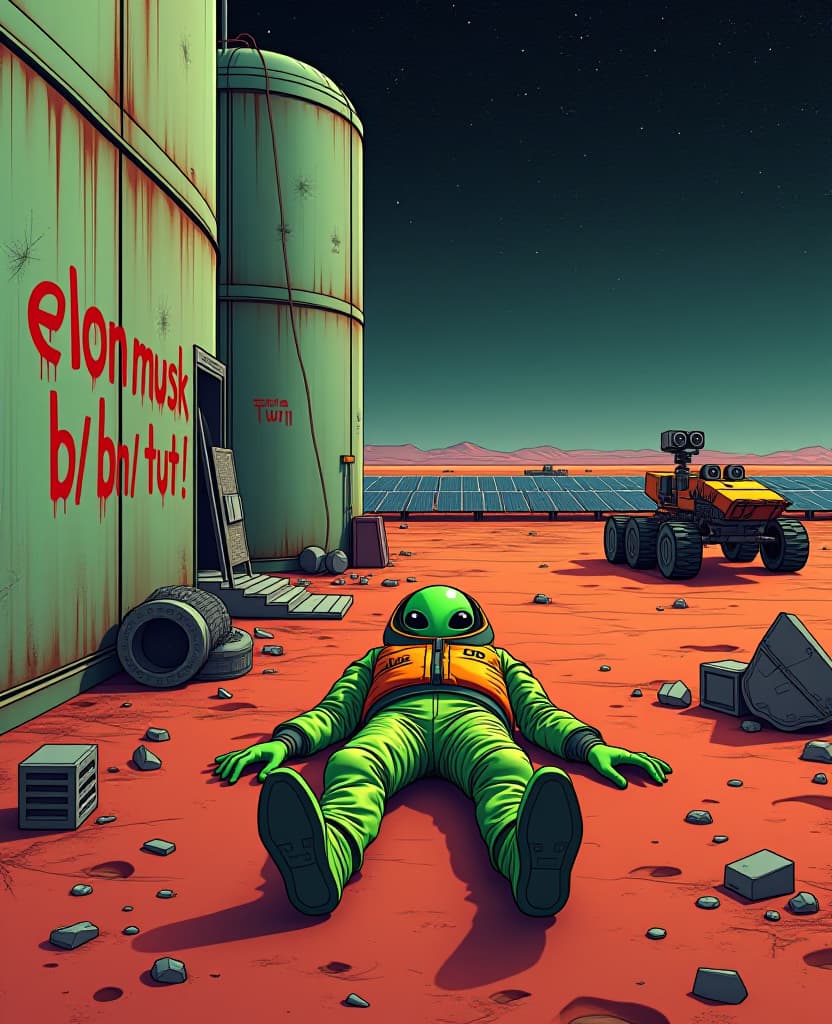  a science fiction illustration. front view of a green alien corpse in a orange violet suit on the ground, wall of an industrial facilitie with cisterns. fields of solar panels at horizon. mutliple graffiti on walls, a red hand written spray can graffiti saying " elon musk b b(n tut !"; industrial complex, metalic green walls covered with rust, red sand, mars rover on the side, broken mecanials parts against a wall, trash on the ground; the background is a night sky stars constellation in dark sky. hyperrealistic, full body, detailed clothing, highly detailed, cinematic lighting, stunningly beautiful, intricate, sharp focus, f/1. 8, 85mm, (centered image composition), (professionally color graded), ((bright soft diffused light)), volumetric fog, trending on instagram, trending on tumblr, HDR 4K, 8K