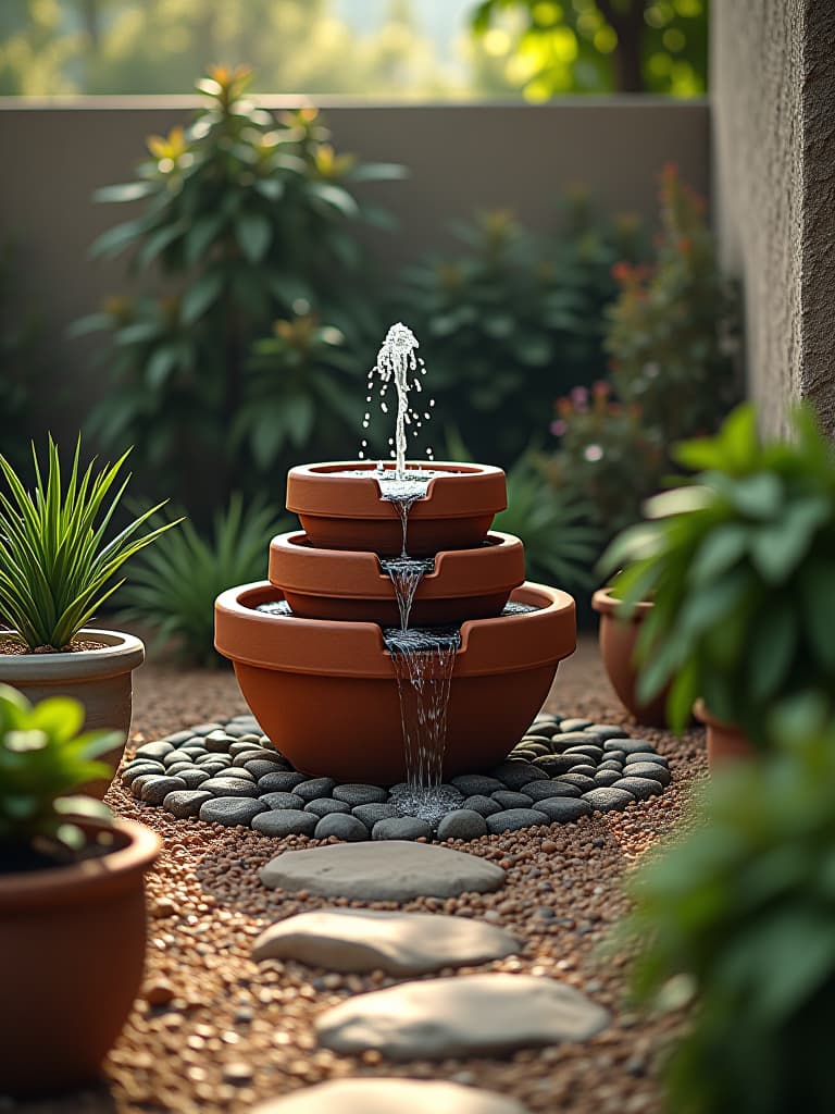  high quality portrait photo of a tranquil backyard corner with a diy water feature made from stacked terra cotta pots, surrounded by budget friendly gravel pathways and drought resistant plants in repurposed containers hyperrealistic, full body, detailed clothing, highly detailed, cinematic lighting, stunningly beautiful, intricate, sharp focus, f/1. 8, 85mm, (centered image composition), (professionally color graded), ((bright soft diffused light)), volumetric fog, trending on instagram, trending on tumblr, HDR 4K, 8K