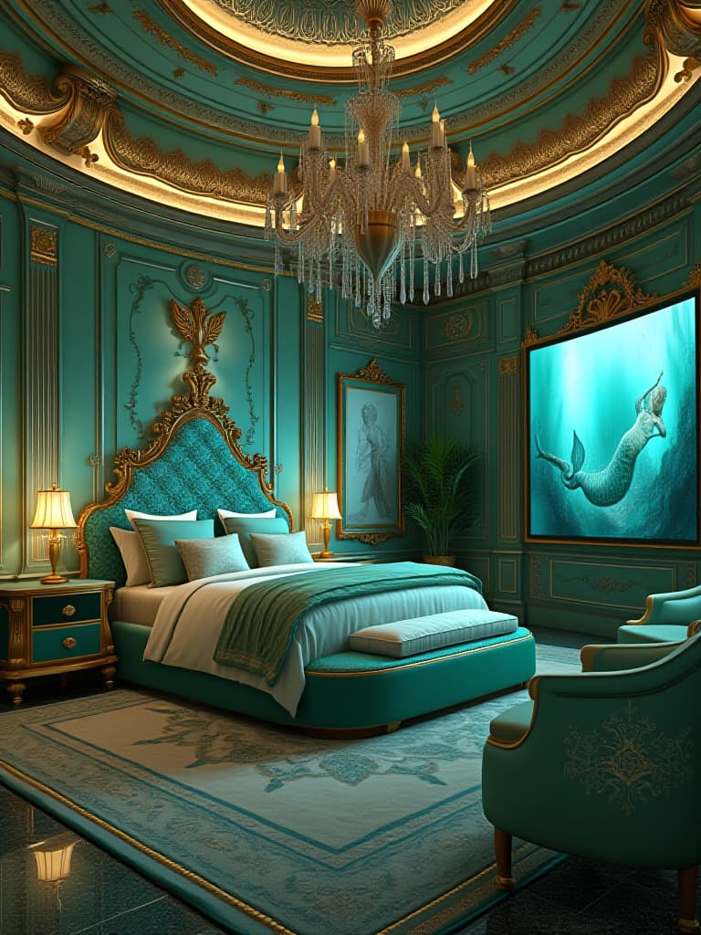  a luxurious mermaid mansion bedroom in the deep sea. the house is round li and big metallic green and gold ver shiny . with mermaid furniture with a giant tv