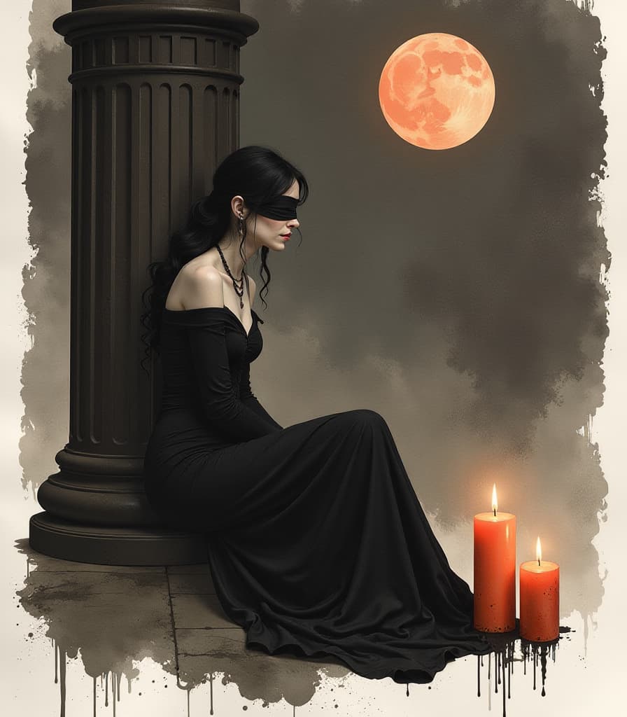  watercolor painting mature lady in blindfold sitting in sobor near column. candles. dark fantasy, grunge style, dirty art. night, poster. black dark brown orange monochrome, greyscale, black and white style arsmjstyle, zen ink wash sumi e. . vibrant, beautiful, painterly, detailed, textural, artistic