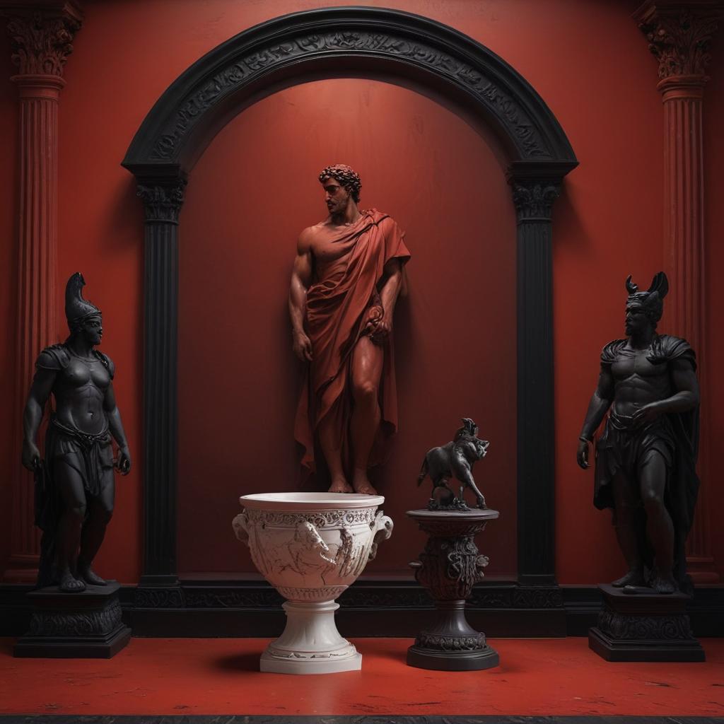 A foreboding scene hinting at tragedy, with a shadowy figure representing destiny looming over Achilles, juxtaposed with images of gods and mortals manipulating events, creating an atmosphere of impending doom and betrayal"in the style of classical Greek pottery art, with intricate black figures on a red background, depicting mythological scenes with a focus on gods and heroes, using a limited color palette of red, black, and white"This image is a breathtaking painting that captures the magical scene with vivid detail. The overall composition is spellbinding, showcasing a perfect harmony. photorealism fantasy, unreal engine 5, concept hyperrealistic, full body, detailed clothing, highly detailed, cinematic lighting, stunningly beautiful, intricate, sharp focus, f/1. 8, 85mm, (centered image composition), (professionally color graded), ((bright soft diffused light)), volumetric fog, trending on instagram, trending on tumblr, HDR 4K, 8K